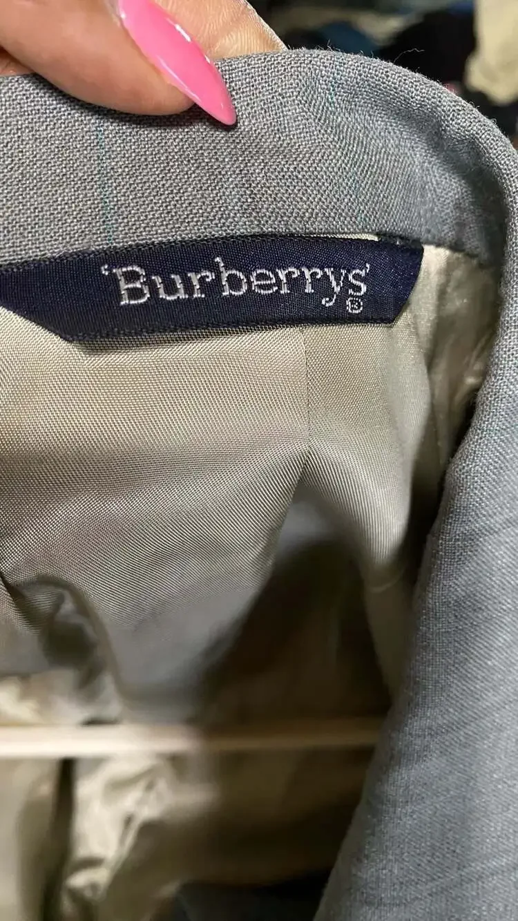Vintage Burberry Men's Gray Pinstriped Two-Button Blazer Jacket